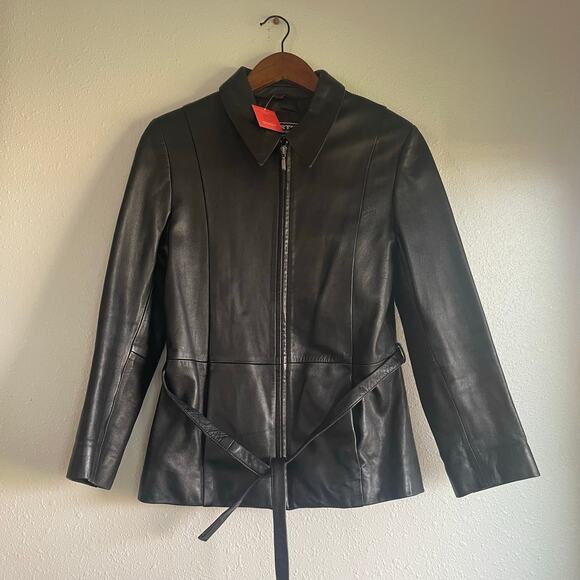 Vintage 90s Genuine Leather Biker Zip Up Jacket with Waist Tie - Picture 2 of 9